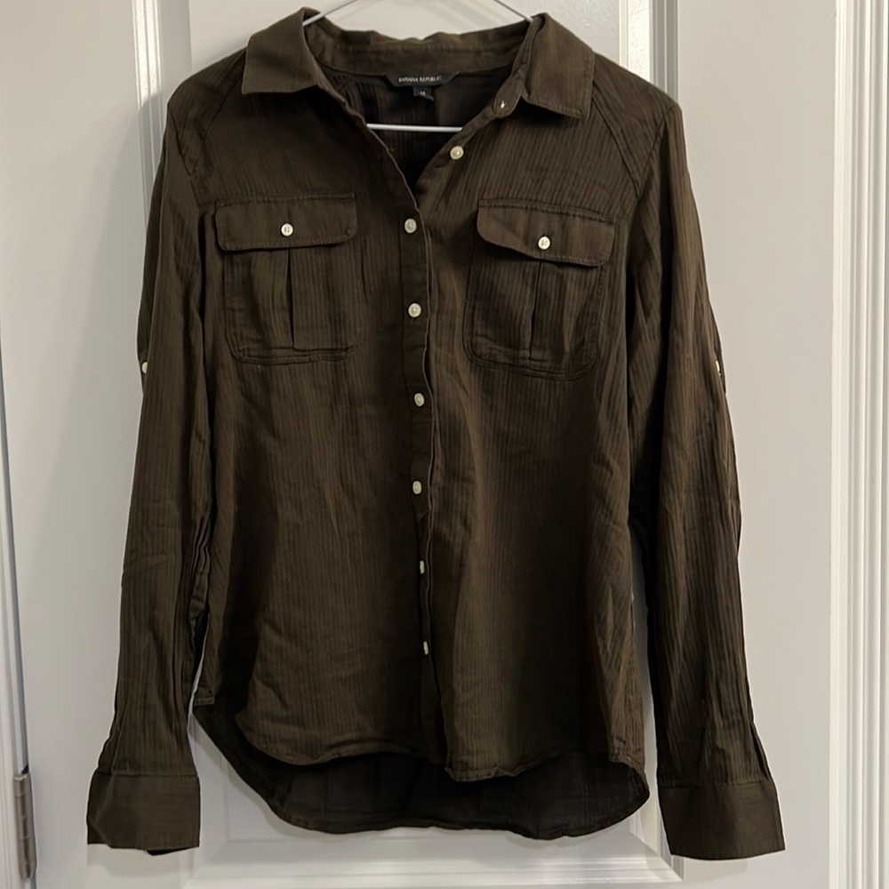 Banana Republic Army Green Herringbone Button Down Blouse M